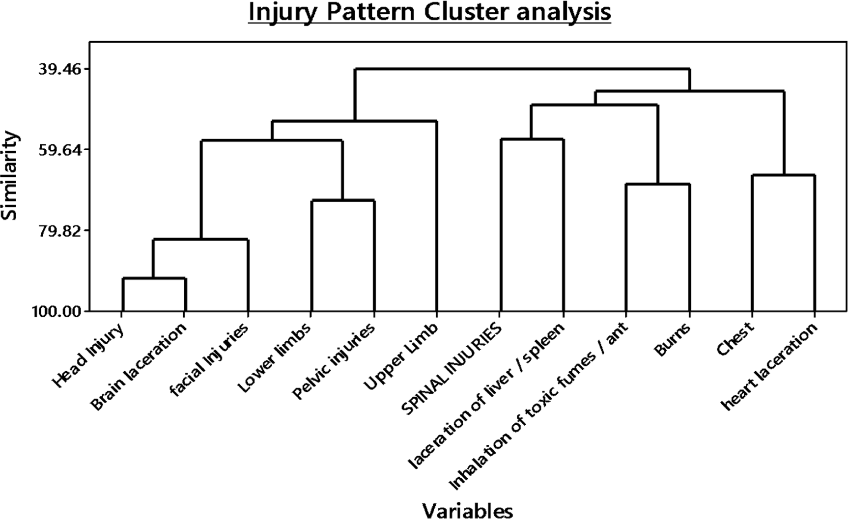 Dendogram showing the clustering of types of injuries in 5 clusters.The blue lines show Cluster 1, red lines cluster 2, green lines cluster 3, purple lines cluster 4 and yellow line show cluster 5